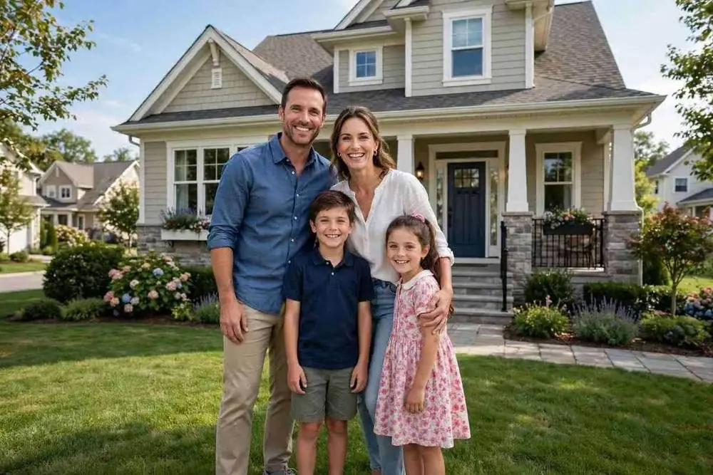 Family celebrating in front of their new home